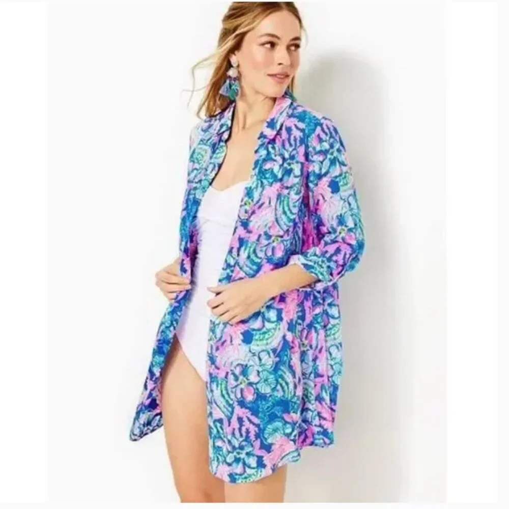 NWT Lilly Pulitzer Natalie Coverup Blue Tang Sitting Seaside size XL - Picture 1 of 5